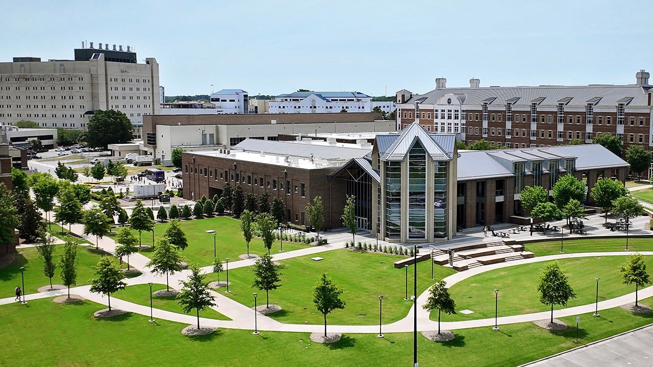 Overhead view of buildings on campus