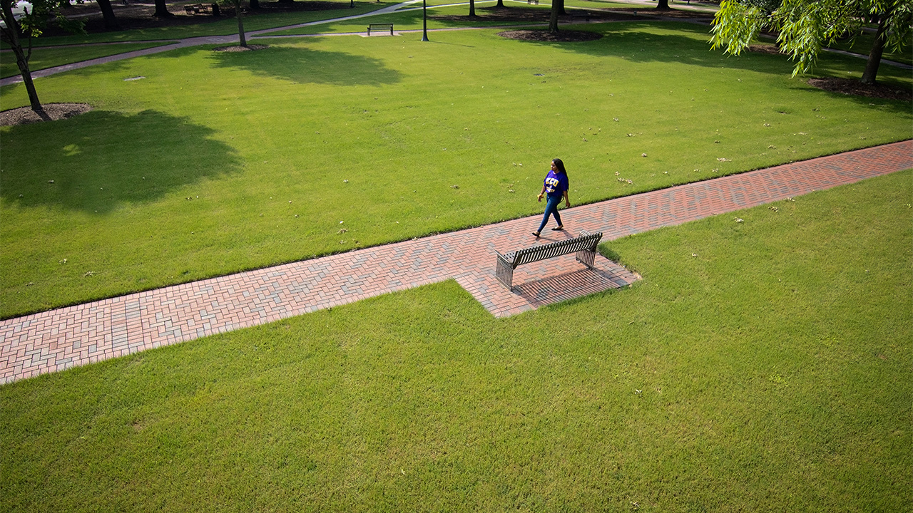 A student walks across campus on a sidewalk with an area of green grass on either side.